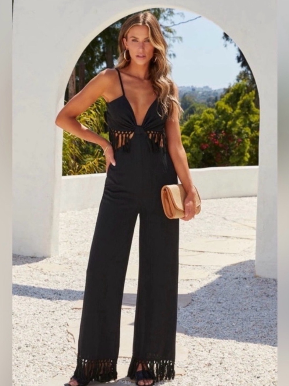 Vici Black Fringe Wide-Leg Spaghetti Strap Jumpsuit